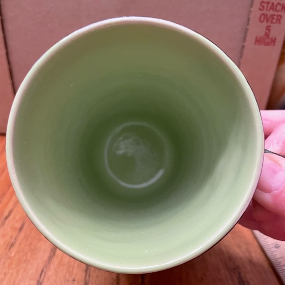 Handcrafted artisan pottery mug - brown and more lime green colors - holds @ 1.6 - Picture 5 of 9